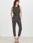 Shein Black Striped Mesh Lined Split Back Tailored Jumpsuit With Belt