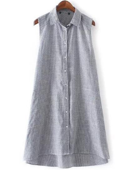 Shein Black Sleeveless Lapel Buttons Stripe Dipped Hem Dress