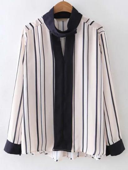 Shein Contrast Long Sleeve Band Collor Stripe Blouse