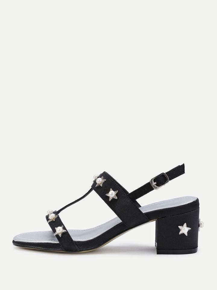 Shein Faux Pearl And Star Block Heeled Sandals