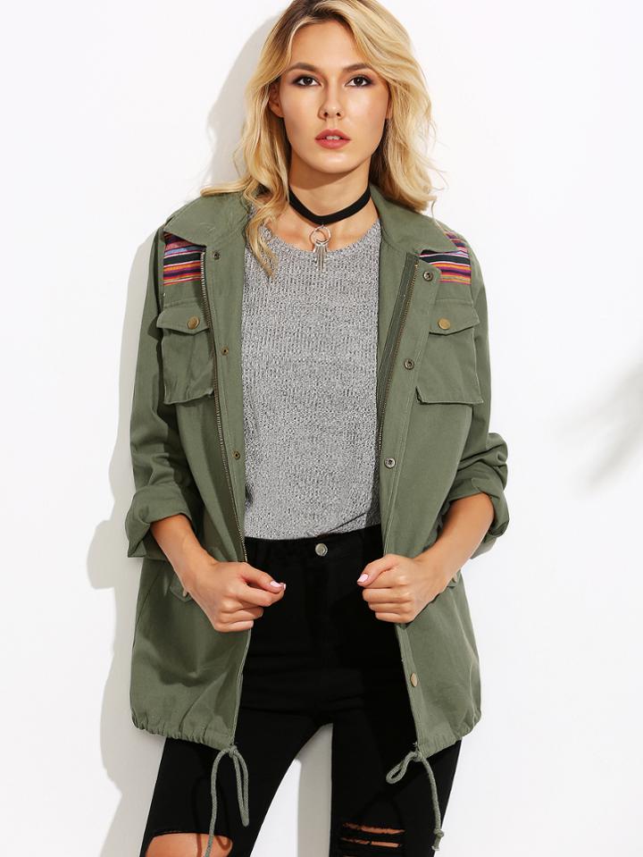 Shein Olive Green Striped Yoke Drawstring Hem Utility Jacket