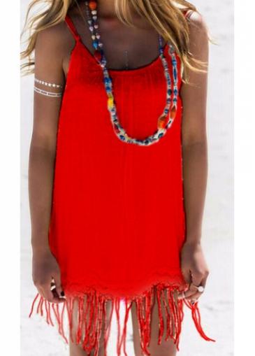 Rosewe Fringe Embellished Red Open Back Shift Dress