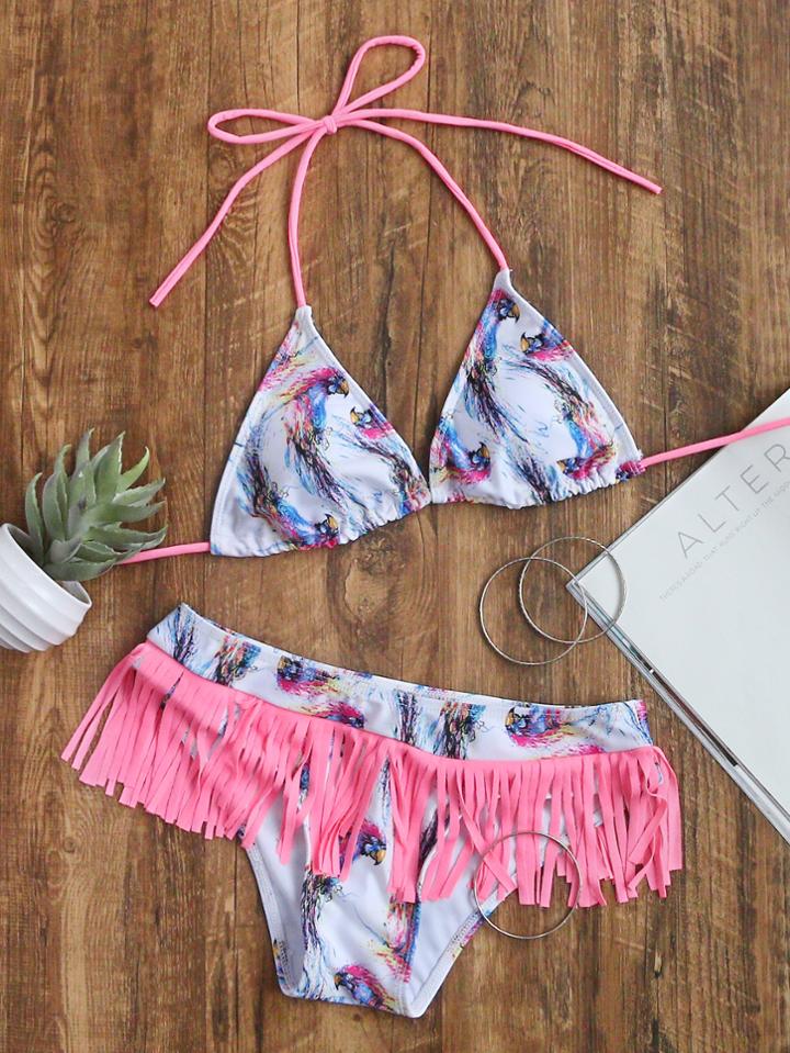 Shein Printed Contrast Fringe Triangle Bikini Set