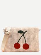 Shein Beige Cherry Embroidered Straw Clutch Bag