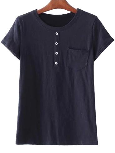 Shein Dark Blue Buttons Pocket Casual T-shirt