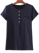 Shein Dark Blue Buttons Pocket Casual T-shirt