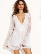 Shein White Deep V Neck Flower Embroidered Mesh Romper