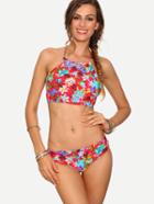 Shein High Neck Flower Print Bikini Set - Red