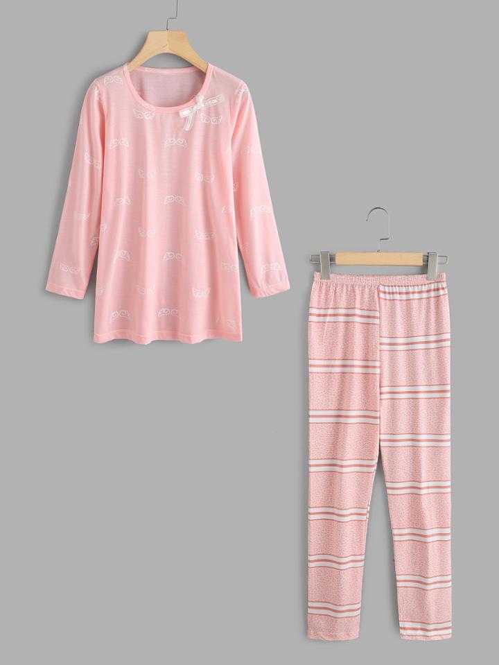 Shein Wing Print Pullover & Striped Pants Pj Set