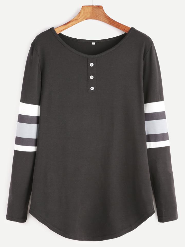 Shein Black Varsity Striped Curved Hem T-shirt
