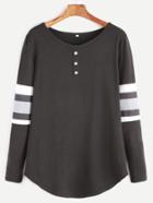 Shein Black Varsity Striped Curved Hem T-shirt
