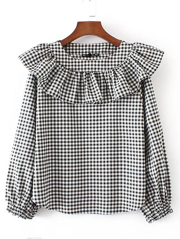 Shein Lantern Sleeve Checkerboard Ruffle Blouse