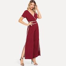 Shein Contrast Binding Wrap Top And Wide Leg Pants Set