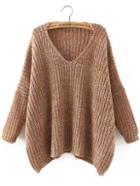 Shein Brown V Neck Batwing Sleeve Loose Sweater