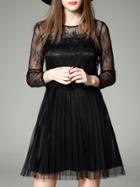 Shein Black Gauze Embroidered Pleated A-line Dress