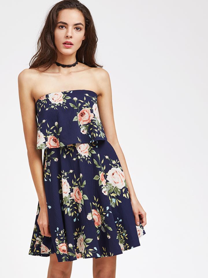 Shein Flower Print Two Layer Bandeau Dress