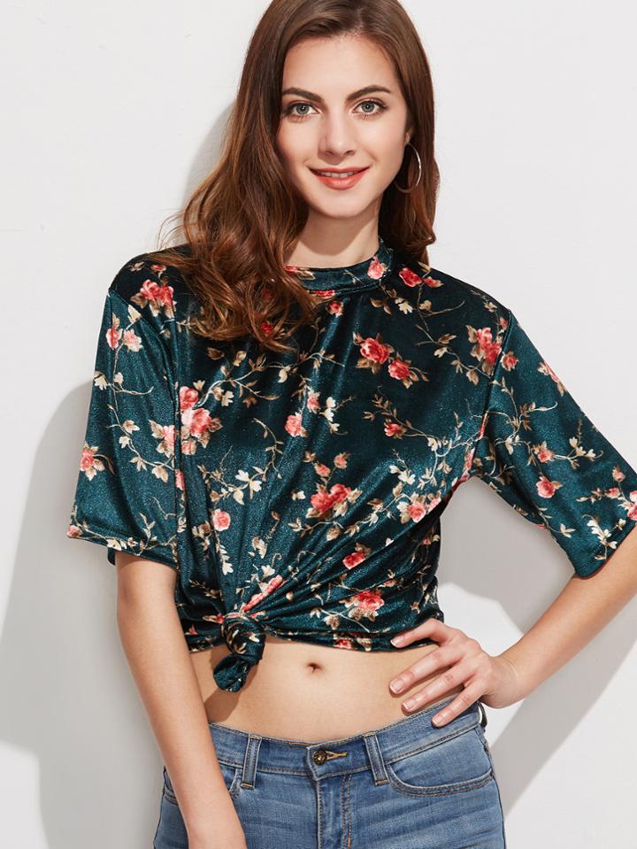 Shein Green Floral Print Velvet T-shirt