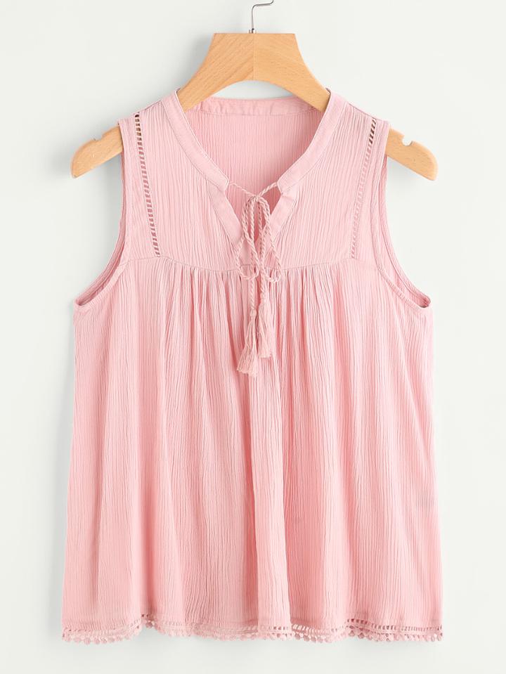 Shein Crochet Trim Tassel Tie Neck Top
