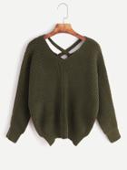 Shein Army Green Double V Neck Criss Cross Back Sweater