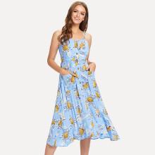 Shein Tropical & Pineapple Print Button Up Cami Dress