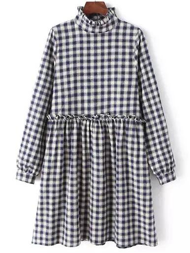 Shein Blue White Frill Neck Plaid Loose Dress