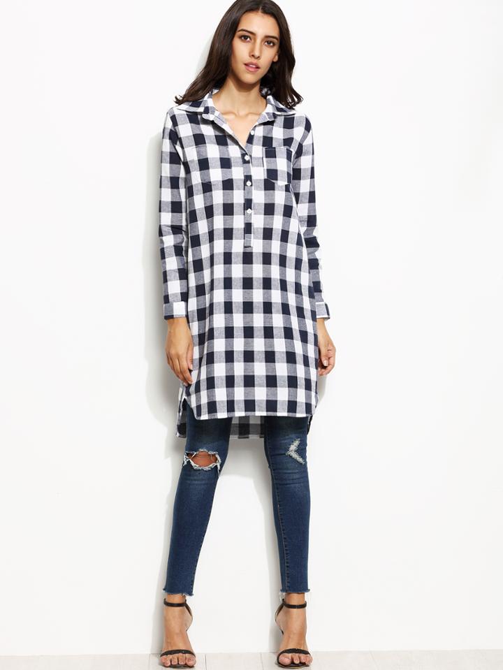 Shein Gingham Roll Tab Sleeve High Low Shirt