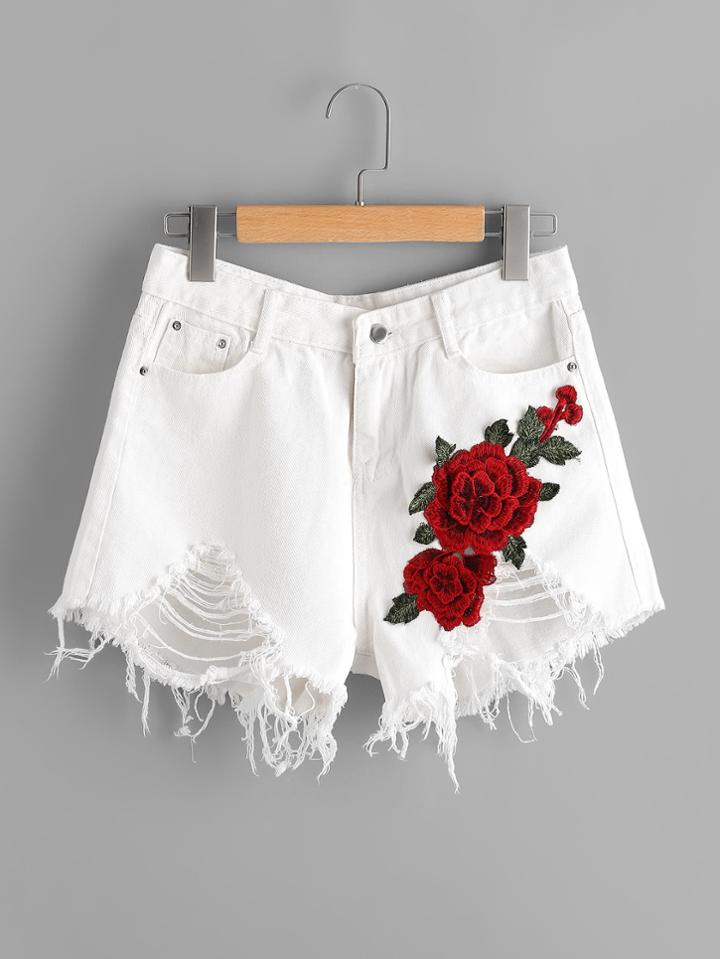 Shein Destroyed Denim Shorts With Embroidered Applique