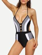 Shein Color Panel Ladder-cutout Plunge Neck Swimwear