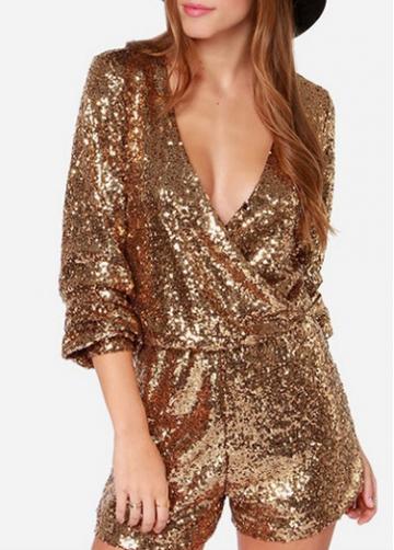 Rosewe Shining Sequins Decorated Long Sleeve V Neck Mini Rompers