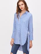 Shein Blue Striped Slit Side High Low Shirt