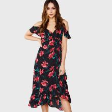 Shein Open Shoulder Mixed Print Ruffle Hem Dress