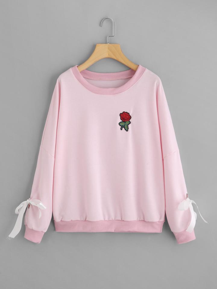 Shein Rose Appliques Bow Tie Sweatshirt