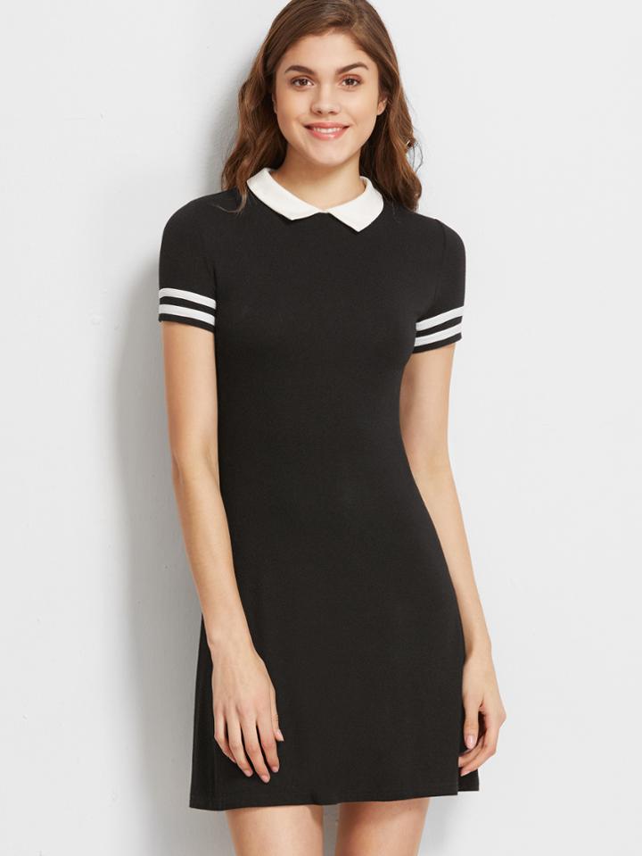 Shein Black Contrast Collar Striped Sleeve Polo Dress