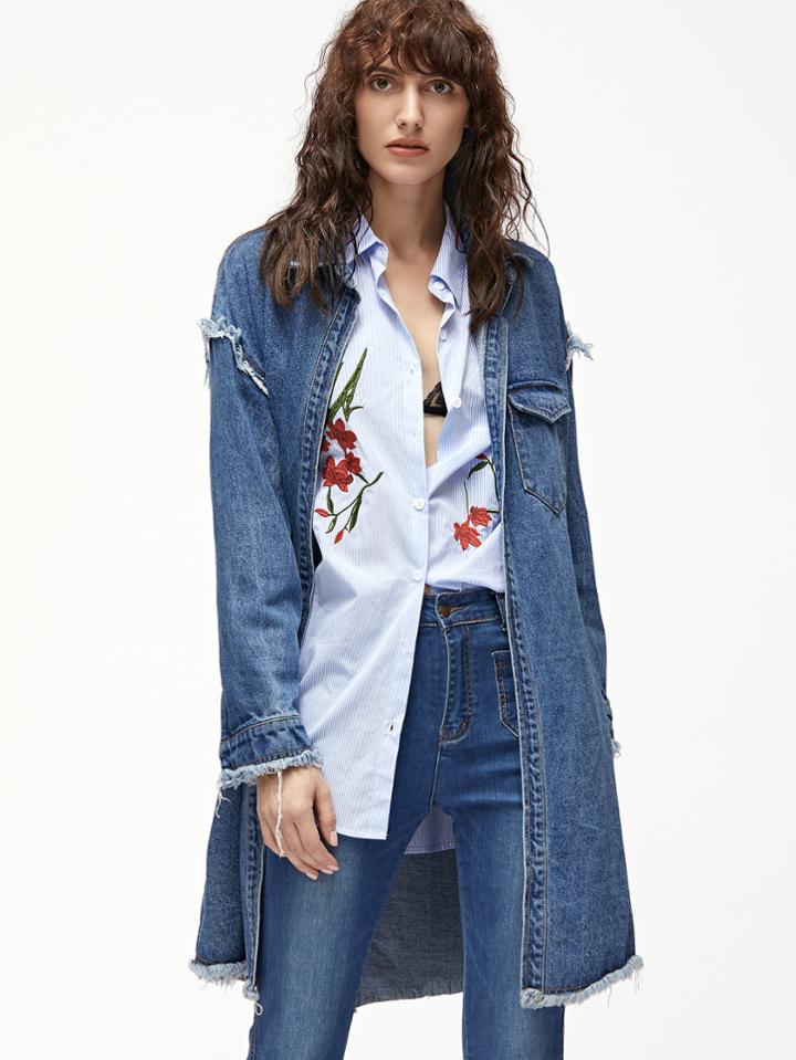 Shein Blue Flap Open Front Longline Frayed Denim Jacket