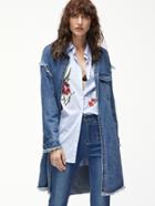 Shein Blue Flap Open Front Longline Frayed Denim Jacket