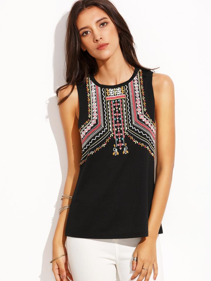 Shein Black Print Crew Neck Tank Top