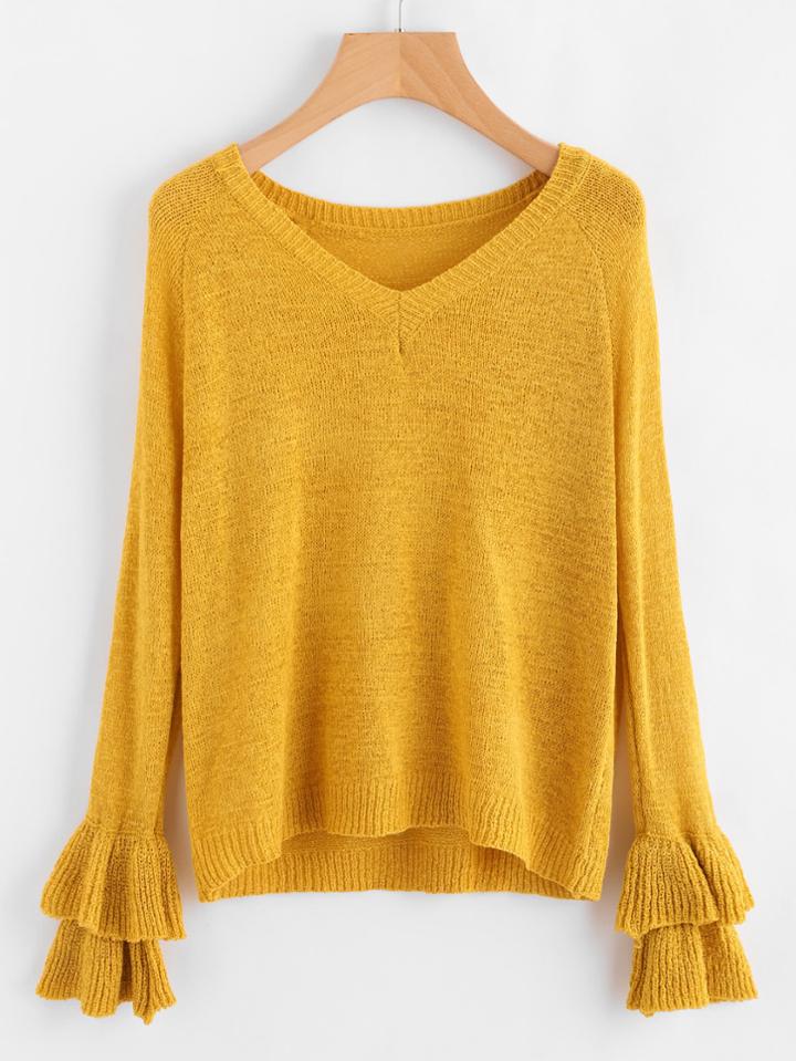 Shein V Neckline Layered Frill Sleeve Sweater