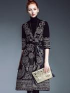 Shein Black V Neck Half Sleeve Embroidered Tie-waist Pockets Coat