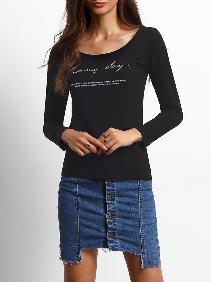Shein Black Long Sleeve Letters Print Slim T-shirt