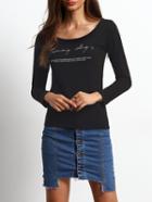 Shein Black Long Sleeve Letters Print Slim T-shirt