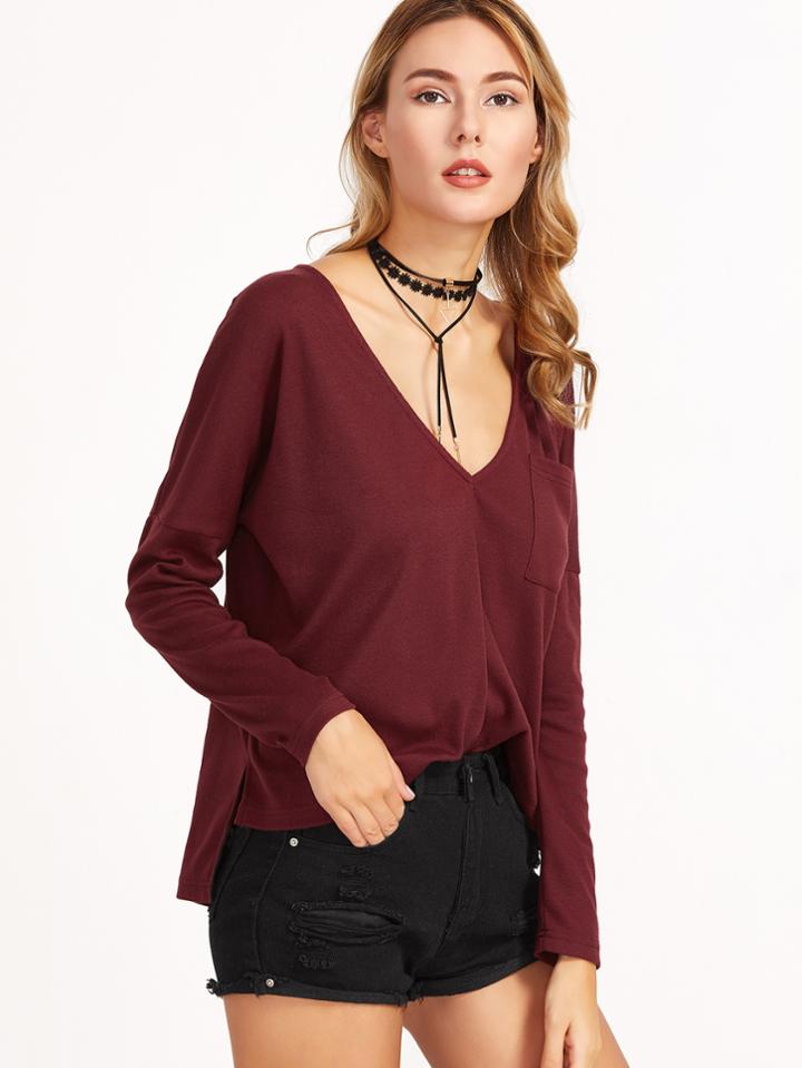 Shein Burgundy Deep V Neck Dolman Sleeve High Low T-shirt