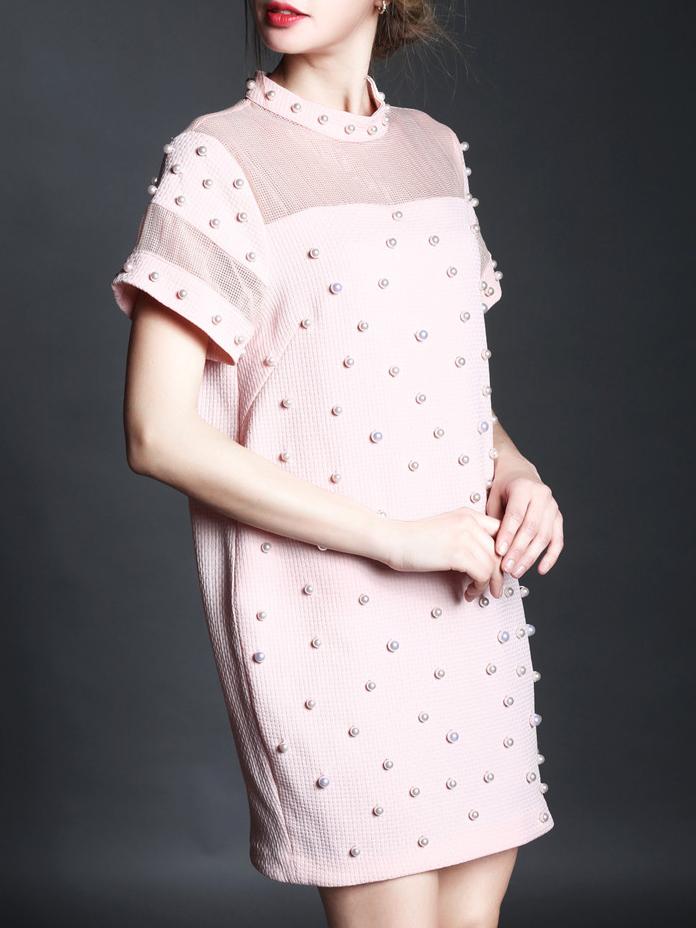 Shein Pink Beading Pockets Shift Dress