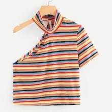 Shein Asymmetric Shoulder Striped Tee