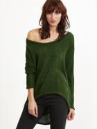 Shein Dark Green One Shoulder Dip Hem T-shirt