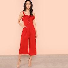Shein Ruffle Trim Button Front Culotte Jumpsuit