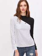Shein Contrast Mock Neck Buttons Pocket T-shirt