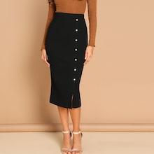 Shein Button Front Ribbed Knit Split Skirt