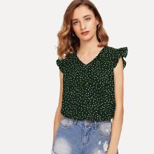 Shein Ruffle Detail Tie Back Polka Dot Top
