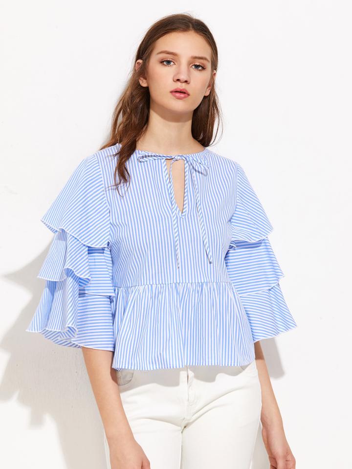 Shein V Notch Tie Neck Layered Sleeve Pinstripe Top