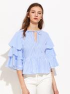 Shein V Notch Tie Neck Layered Sleeve Pinstripe Top